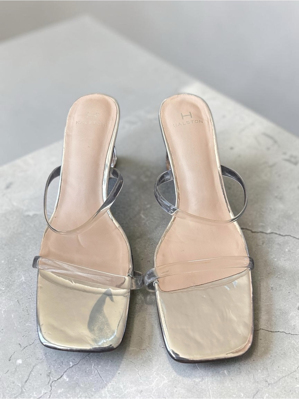 Halston Clear Strap Block Heel Sandals Silver Metallic Size 9